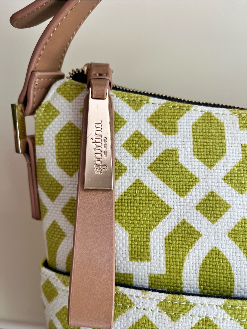 Spartina 449 NWOT Lime Green Geometric Crossbody with Tan Strap - Picture 3 of 16